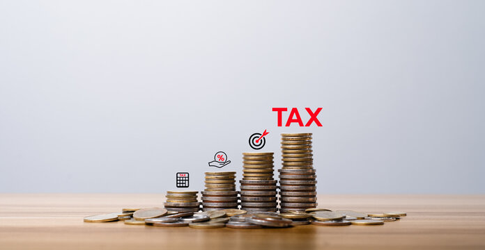 Tax planning and financial growth impact concept with stacked coins, tax text, percentage icon, and target symbol representing income management, tax calculation, investment strategy, and net profit