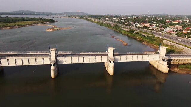Wide Aerial Drone Footage Tra Khuc River Barrage Full Width Urban Landscape Quang Ngai City Vietnam