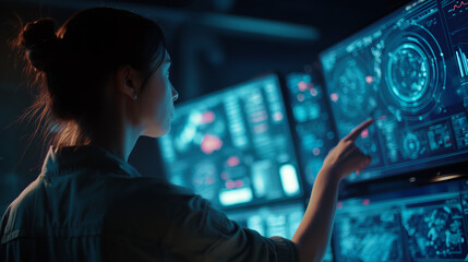 Naklejka premium Woman interacting with futuristic digital interface in dark room with glowing screens ideal for technology concepts, innovation, data analysis and ui design