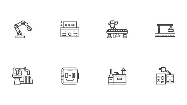 Automation Icons: A set of minimalistic line icons representing various elements of automation and robotics in an industrial setting.