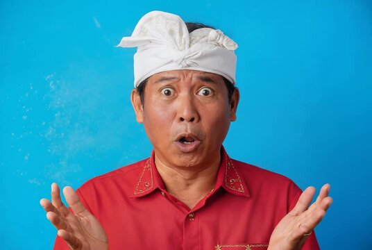 Shocked Balinese Man in Traditional Udeng Reacting to News on Blue Background