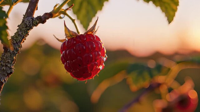 Closeup of a ripe raspberry on a branch at sunset.