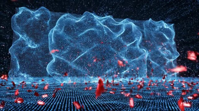 A digital artwork depicting a blue heart-like structure disintegrating into red pieces on a dark background with a blue grid floor