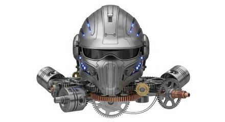 Fototapeta premium Metallic futuristic helmet with complex mechanical gears and glowing blue lights