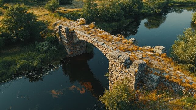 Historic American stone bridge keystone detail showing weathered fieldstone arch construction with natural lichen growth against scenic river landscape