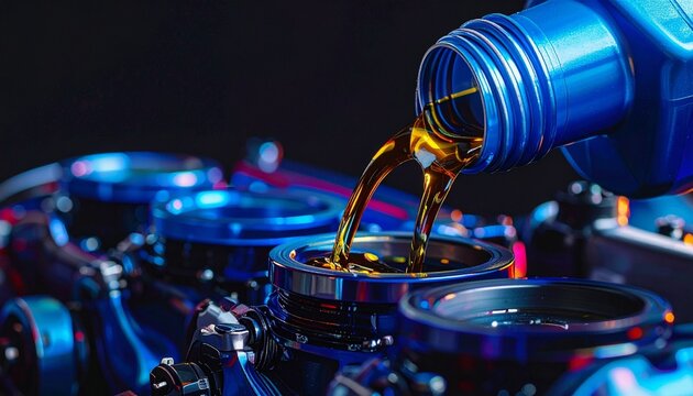 Golden motor oil pouring smoothly from blue container into open blue engine, metallic parts and bolts visible, mechanical context symbolizing lubrication, friction reduction, and efficient operation.