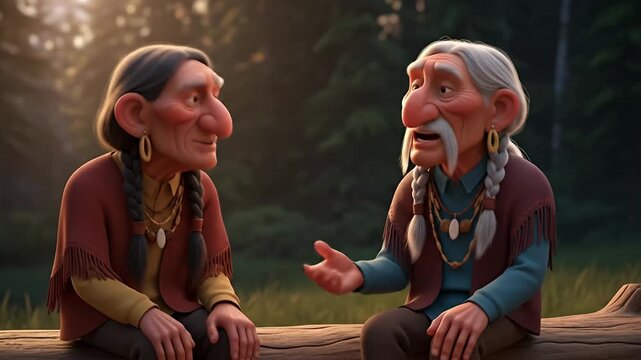 Two cartoon elders with braids sit on a log against a blurry forest background
