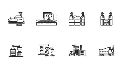 Fototapeta premium Factory Icons: A series of industrial icons, representing manufacturing processes, factory structures, and engineering interactions, illustrated with precision and simplicity.