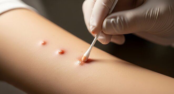 Medical professional treating varicella zoster virus on arm with cotton swab