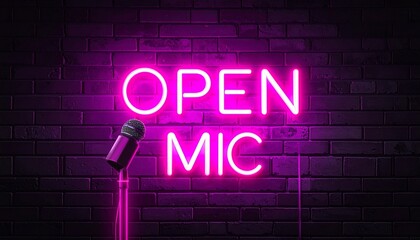 Obraz premium Bright pink neon sign reading “OPEN MIC” with microphone outline glowing on dark brick wall, symbolic composition representing music, poetry, comedy, and creative performance in welcoming informal set