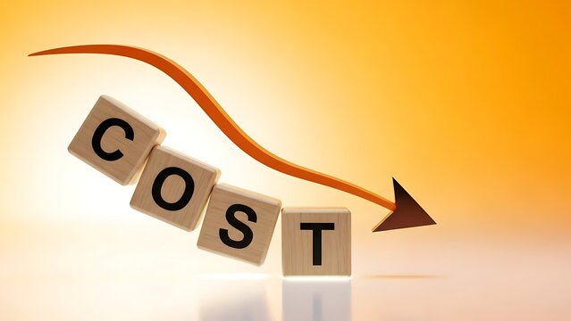 3d cost reduction concept with falling wooden blocks and downward arrow on yellow background