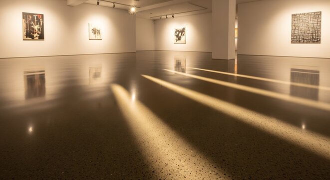 Interior view of a modern exhibition space showcasing abstract paintings illuminated by shafts of sunlight striking the polished floor