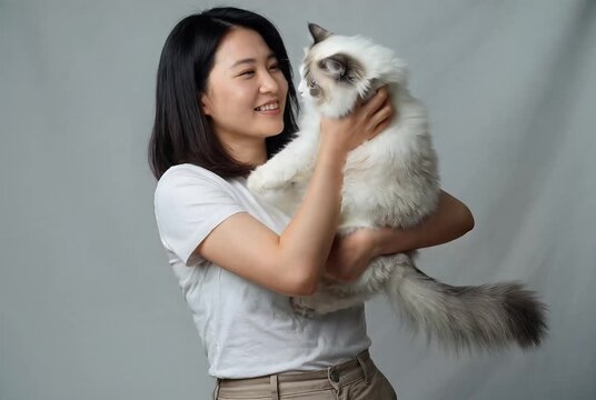 Young Asian woman smiles while hugging her fluffy ragdoll cat in a studio setting
