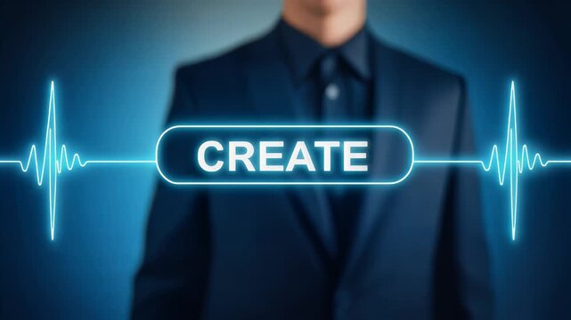 Businessman in suit, touching virtual button with CREATE text, glowing blue pulse lines, symbolizing innovation and technology, seamless loop