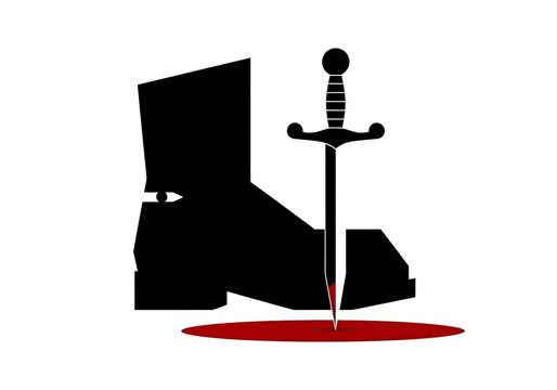 Military boot silhouette stabbed by dagger with pool of blood