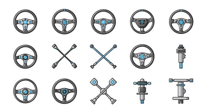 Outline Steering Wheel and Cross Wrench Auto Parts Set