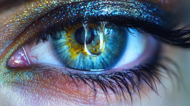 Eye surface moisture extreme closeup showing crystal clear tear with intricate iris patterns in vibrant blue green tones and natural lighting