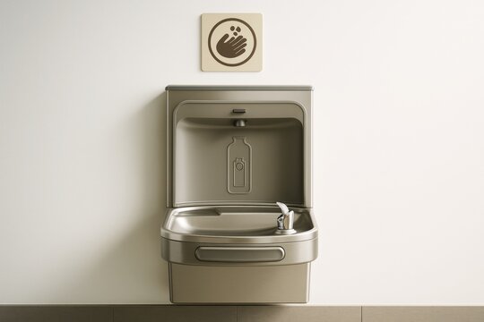 Modern wall-mounted drinking water fountain with bottle filler and hygiene sign above, placed against a clean light background wall in public space. Ai generative