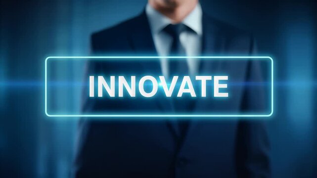 Businessman in suit, touching virtual button with glowing blue rectangle, symbolizing innovation and technology, seamless loop
