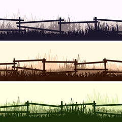 Fototapeta premium Meadow silhouettes with grass and old wooden fence. Countryside, panoramic summer lawn rural landscape with herbs, weeds. Herbal border, frame element. Brown horizontal banners. Vector illustration