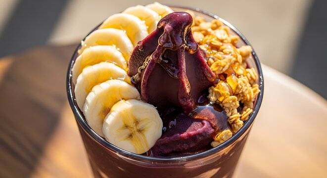 Vibrant fruit and granola parfait is topped with sweet drizzle served outdoors in bright sunlight