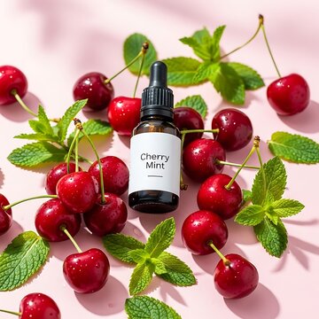 Small dropper bottle surrounded by fresh cherries and mint leaves on a light surface