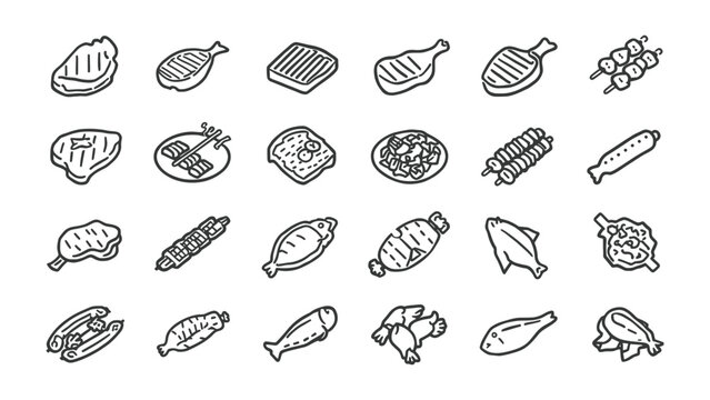 Gourmet Meal Elements: A collection of meticulously illustrated culinary delights, each emblem a tantalizing promise of flavor and satisfaction.