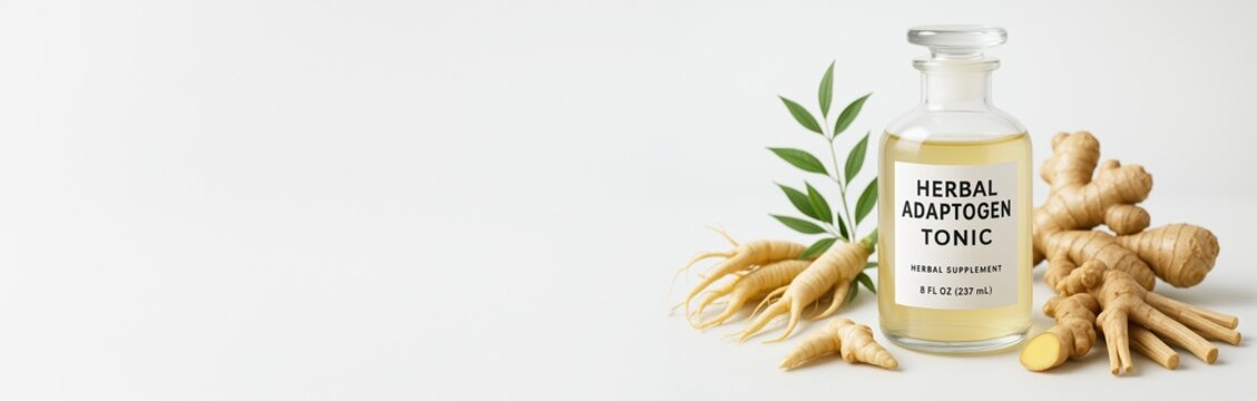 Herbal adaptogen tonic bottle with ginseng and ginger roots arranged on light background with copyspace for product promotion and branding mockup. Ai generative