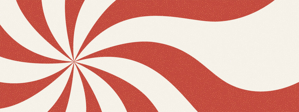 Retro circus swirl vector background. Red and cream spiral stripes with grainy texture bursting from left-center, symbolizing vintage carnival, circus tent, dopamine, and 70s poster.