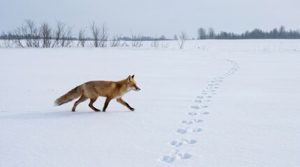 Fototapeta premium Fox Walking in Snowy Landscape Fox Snow Winter Wildlife Paw Prints Nature Animal. Concept featuring fox, snow, winter, wildlife, paw prints for professional commercial design.