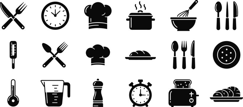 Cooking and Kitchen Tool Icon Set Featuring Chef Hat, Utensils, Toaster, Pot, Measuring Cup, and Culinary Symbols for Restaurant Menu, App, and Web DesignCooking and Kitchen Tool Icon Set Featuring Ch