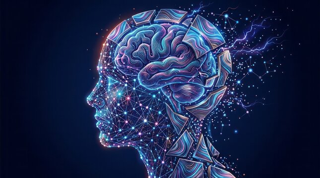 Abstract Neural Network Concept Art Neural Network Abstract Art Brain Illustration Human Profile Technology Creativity Artistic Design. Concept featuring neural network, abstract art, brain illustr...