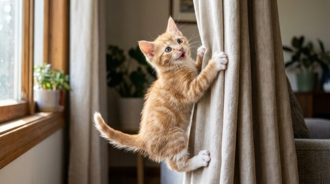 Playful Ginger Kitten Climbing Curtain Kitten Ginger Cat Curtain Playful Indoor Living Room Pet. Concept featuring kitten, ginger cat, curtain, playful, indoor for professional commercial design.