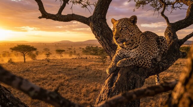Leopard Resting on Tree at Sunset Leopard Wildlife Sunset Safari Nature Africa Savannah. Concept featuring leopard, wildlife, sunset, safari, nature for professional commercial design.
