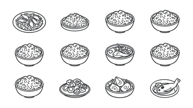 Culinary Delights: A collection of various dishes, from a bowl of plain rice, to a complex culinary creation in a set of twelve images, each image representing a unique plate