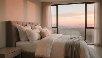 Fototapeta premium Modern Bedroom with Large Window at Sunset - Peaceful Home Interior