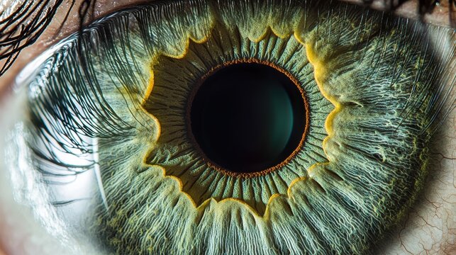 Iris pattern variation closeup green eye radial spokes contraction furrows emerald gold amber color variations muscle fiber detail artistic lighting depth
