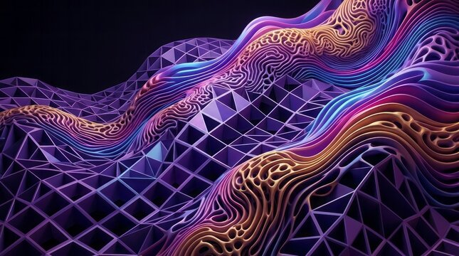 Abstract 3D Wave Patterns in Purple 3D Wave Patterns Purple Intricate Design Colorful Geometry Texture. Concept featuring 3d, wave patterns, purple, intricate design, colorful for professional comm...