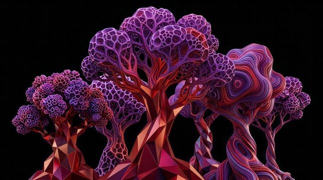 Abstract Colorful Trees in 3D 3D Art Colorful Trees Nature Geometry Vibrant Colors Modern Design Fantasy. Concept featuring 3d art, colorful trees, nature, geometry, vibrant colors for professional...