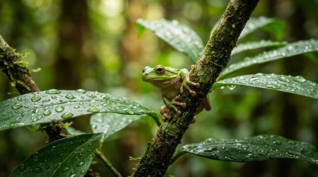 Green Frog on Rainy Leaves in Rainforest Frog Rainforest Nature Wildlife Green Leaves Rain. Concept featuring frog, rainforest, nature, wildlife, green for professional commercial design.