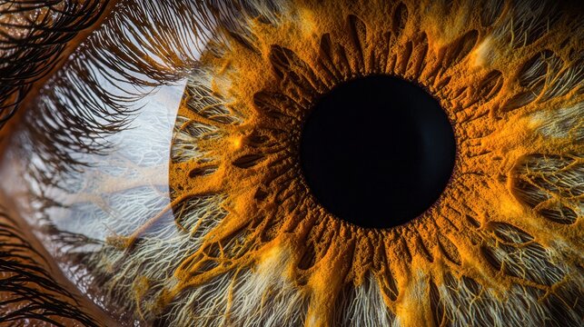 Iris fiber patterns extreme macro closeup showcasing intricate golden amber radial muscle fibers with detailed texture and natural eyelash frame