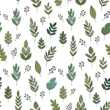 Seamless pattern of green leaves and small berries on a white background, botanical illustration.