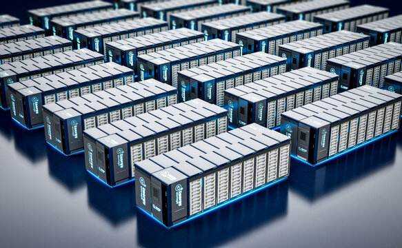 Group of energy storage systems or battery container units isometric