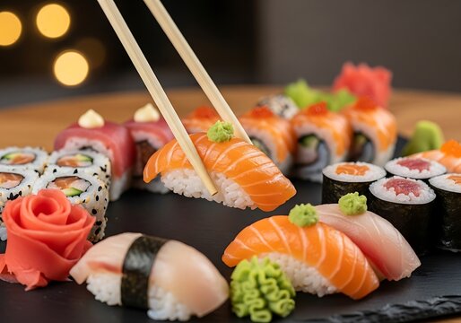 Assortment of freshly prepared Japanese sushi rolls and nigiri artfully displayed with chopsticks lifting one piece
