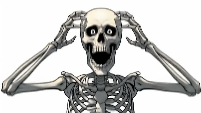Terrified skeleton cartoon with wide eyes, mouth agape, clutching head in panic