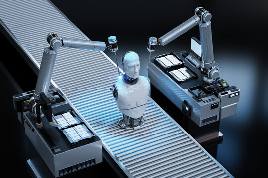 Robot assembly line producing cyborg in factory
