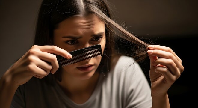 Concerned young woman examines hair strands caught in a black comb in dim lighting
