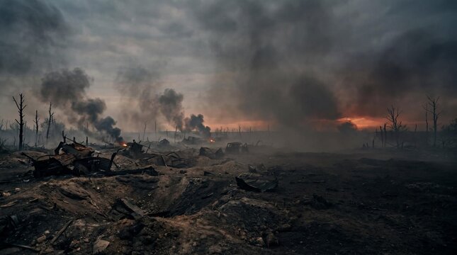 Scorched Earth Battlefield with Crater and Smoldering Ruins, Desolate War Zone Landscape Under Stormy Sky, Devastation and Environmental Destruction Concept