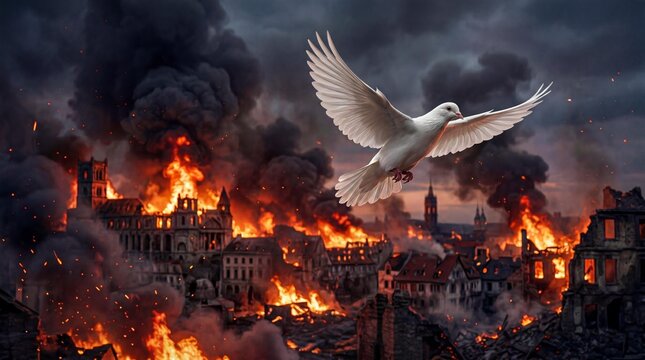 White peace dove flying over burning city ruins, dramatic war zone with fire and smoke, symbolic bird of hope in destroyed urban landscape