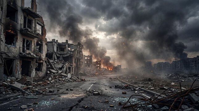 Burning City Ruins with Smoke and Rubble on Destroyed Street, Post-Apocalyptic War Zone Aftermath with Bomb Damaged Buildings, Urban Devastation and Conflict Concept